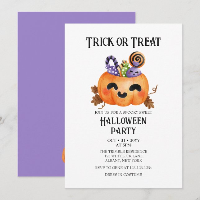 Spooky Cute Bus eller godis Costume Halloween fest Inbjudningar (Fram/baksida)