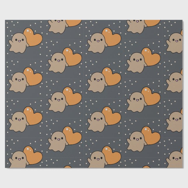 Spooky Cute Charcol Grid Ghost Heart Mönster Presentpapper (Platt)