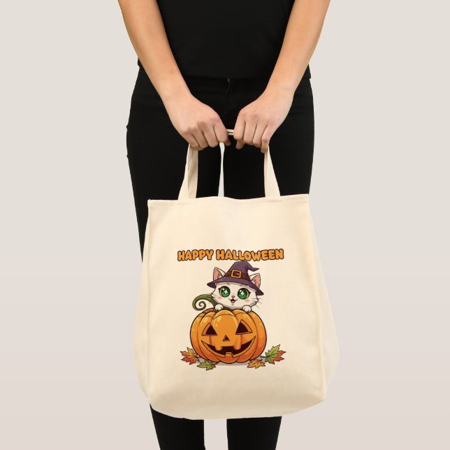 Spooky Cute Chibi Cat och Pumpkin Halloween Tygkasse (Framsida (produkt))