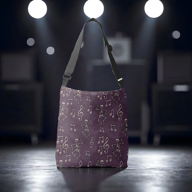 Spooky Cute Dancing Skeleton Musik noter Halloween Axelväska (Dancing skeleton music bag with spooky Halloween style.)