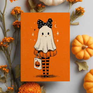 Spooky Cute Ghost Burnt Orange Whimsical Halloween Vykort