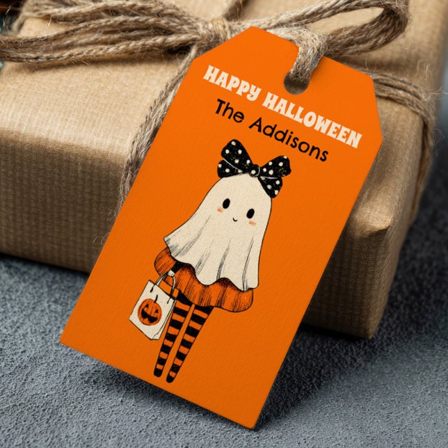 Spooky Cute Ghost Bus eller godis Happy halloween Presentetikett (Skapare uppladdad)