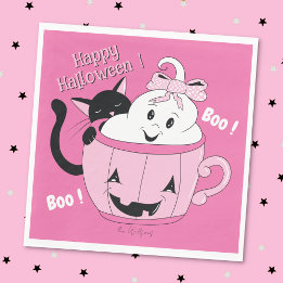 Spooky Cute Ghost Cat Rosa Halloween Pappersservet Pappersservett