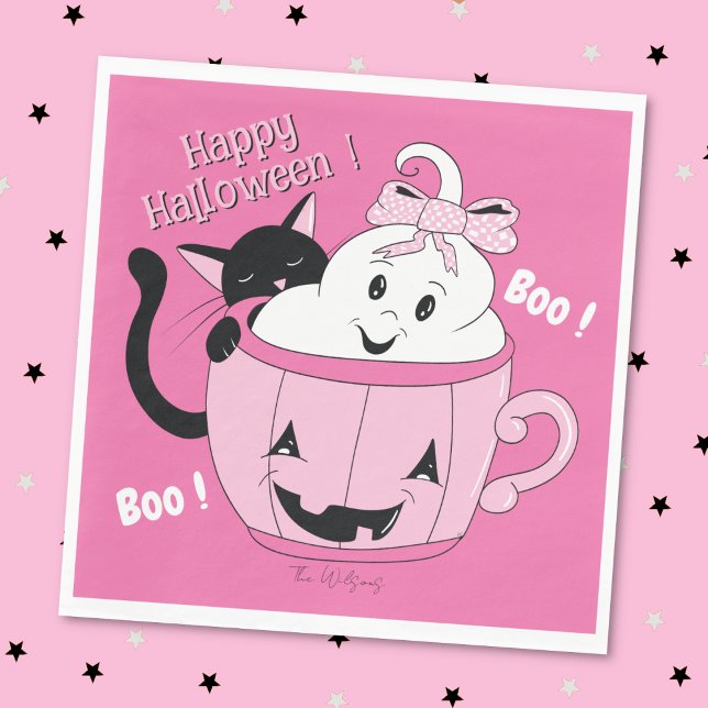 Spooky Cute Ghost Cat Rosa Halloween Pappersservet Pappersservett (Spooky cute ghost and black cat buddies pink Halloween paper napkin . )