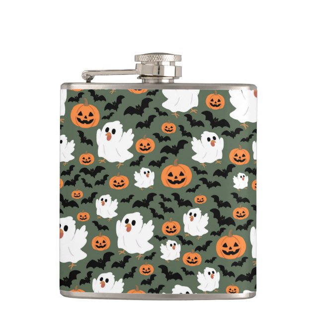 Spooky Cute Ghost Chickens med Pumpkins och Fladde Fickplunta (Framsidan)