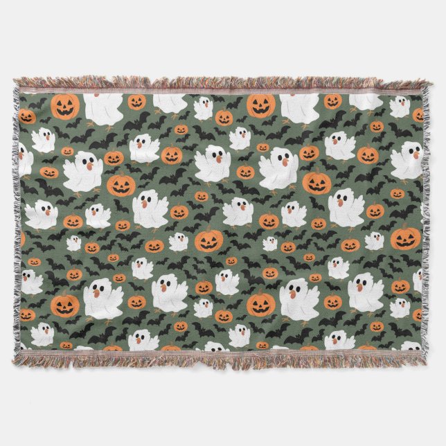 Spooky Cute Ghost Chickens med Pumpkins och Fladde Filt (Framsidan)
