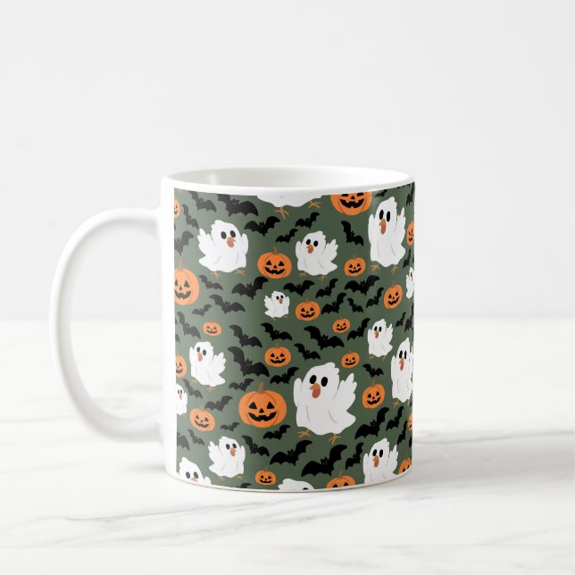 Spooky Cute Ghost Chickens med Pumpkins och Fladde Kaffemugg (Vänster)