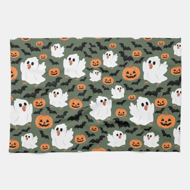 Spooky Cute Ghost Chickens med Pumpkins och Fladde Kökshandduk (Horisontell)