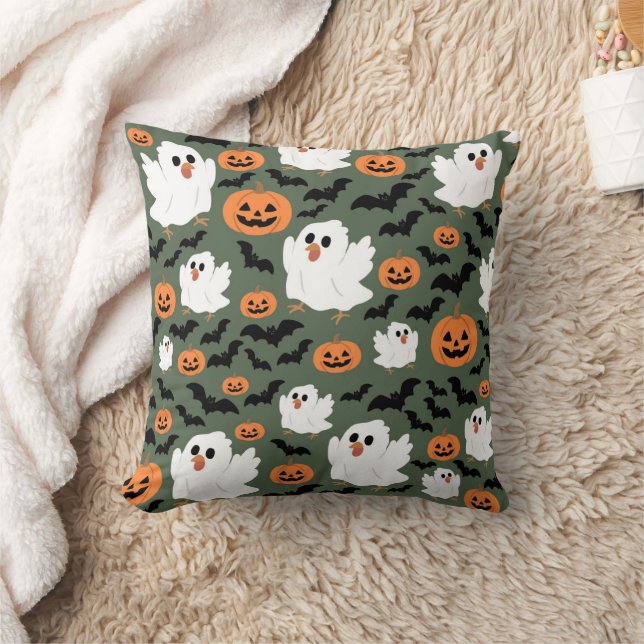 Spooky Cute Ghost Chickens med Pumpkins och Fladde Kudde (Filt)