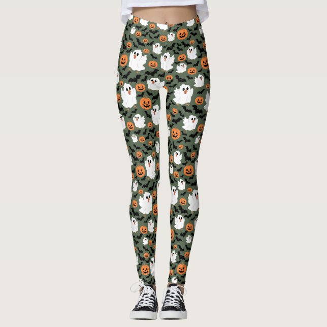 Spooky Cute Ghost Chickens med Pumpkins och Fladde Leggings (Framsida)