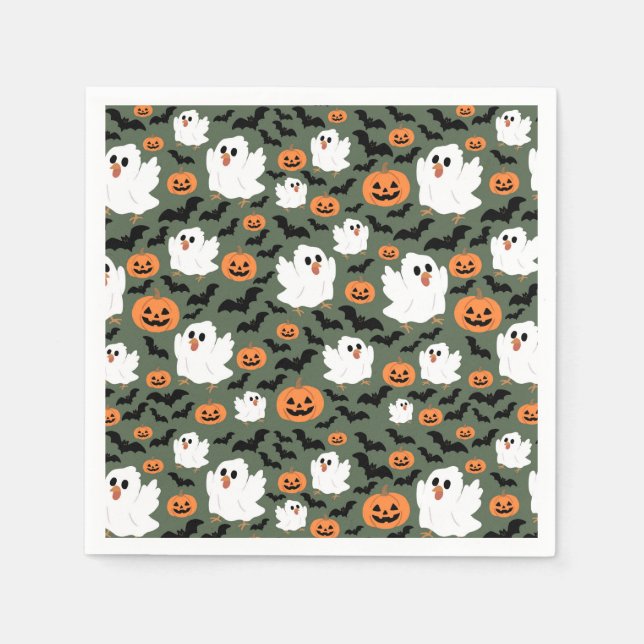 Spooky Cute Ghost Chickens med Pumpkins och Fladde Pappersservett (Framsidan)