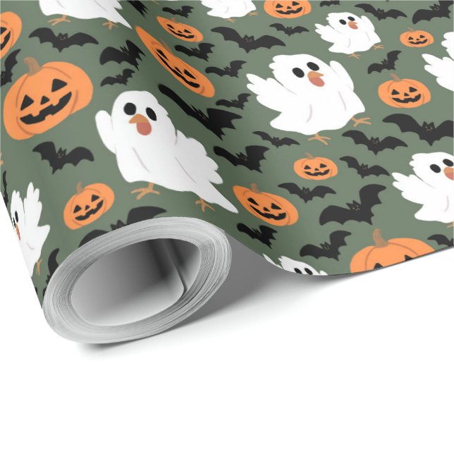 Spooky Cute Ghost Chickens med Pumpkins och Fladde Presentpapper (Rulle Hörn)
