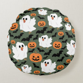 Spooky Cute Ghost Chickens med Pumpkins och Fladde Rund Kudde