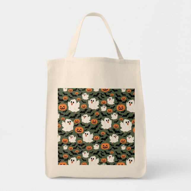 Spooky Cute Ghost Chickens med Pumpkins och Fladde Tygkasse (Framsidan)