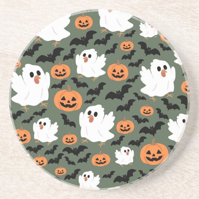 Spooky Cute Ghost Chickens med Pumpkins och Fladde Underlägg (Framsidan)