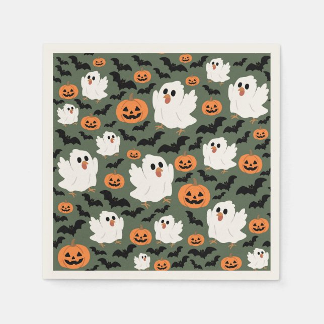 Spooky Cute Ghost Chickens with Pumpkins and Bats Pappersservett (Framsidan)