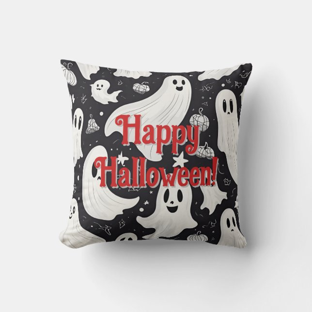 Spooky Cute Ghost Halloween Black White Kudde (Framsida)