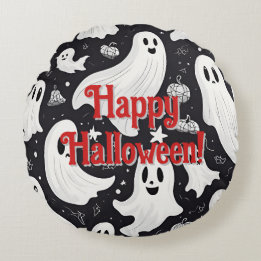 Spooky Cute Ghost Halloween Black White Rund Kudde