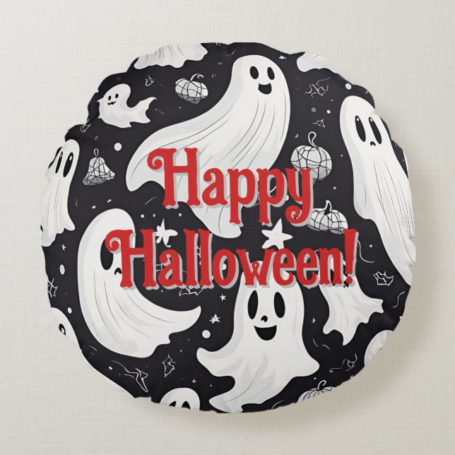 Spooky Cute Ghost Halloween Black White Rund Kudde (Framsidan)