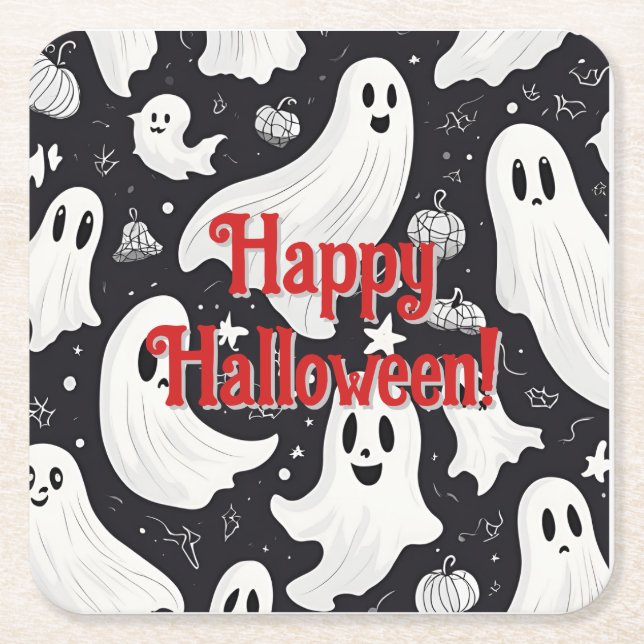 Spooky Cute Ghost Halloween Black White Underlägg Papper Kvadrat (Framsidan)
