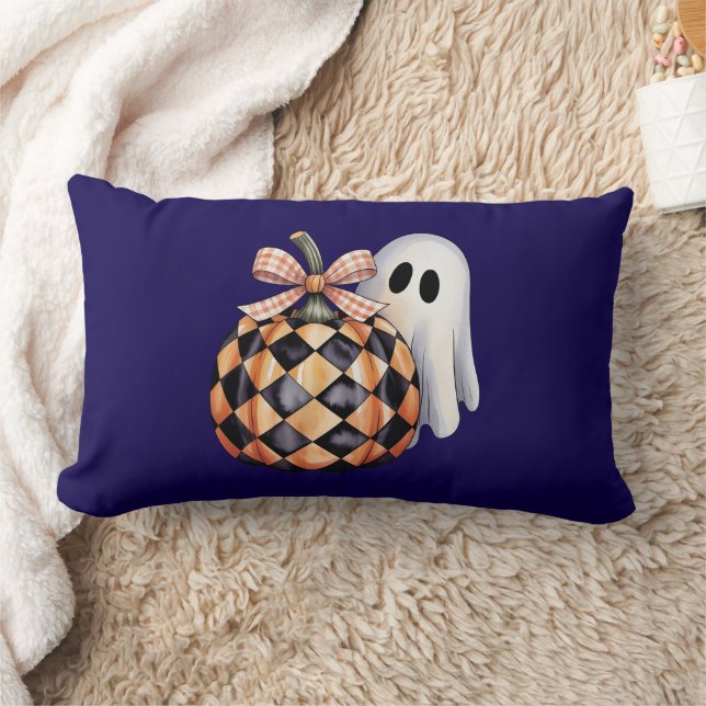 Spooky Cute Ghost Peek Halloween T-Shirt, Checkere Lumbarkudde (Filt)