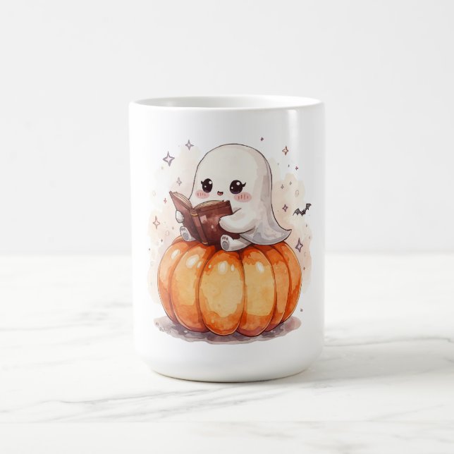 Spooky Cute Ghost Reading - Mysigt Halloween Pumpk Kaffemugg (Center)