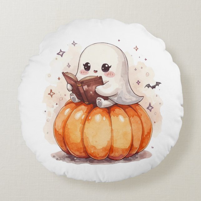 Spooky Cute Ghost Reading - Mysigt Halloween Pumpk Rund Kudde (Framsidan)