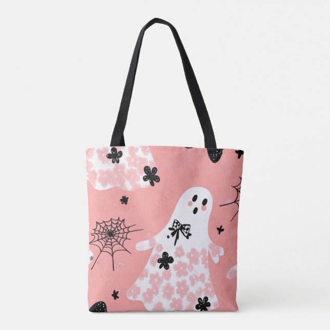 Spooky Cute Ghost Tote Bag - Blommigt Pastel Rosa Tygkasse (Baksida)