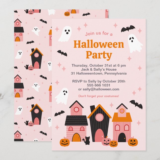 Spooky Cute Halloween Haunted Houses Inbjudningar (Fram/baksida)