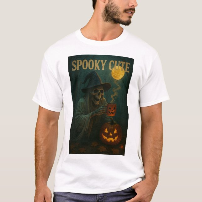 Spooky cute Halloween Skeleton med pumpkin och cof T Shirt (Framsida)