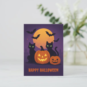 Spooky Cute Halloween-vykort - Svarta katter & Pum Vykort