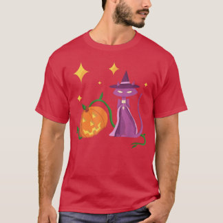 Spooky Cute Halloween Witch Cat and Pumpkin in Mid T Shirt
