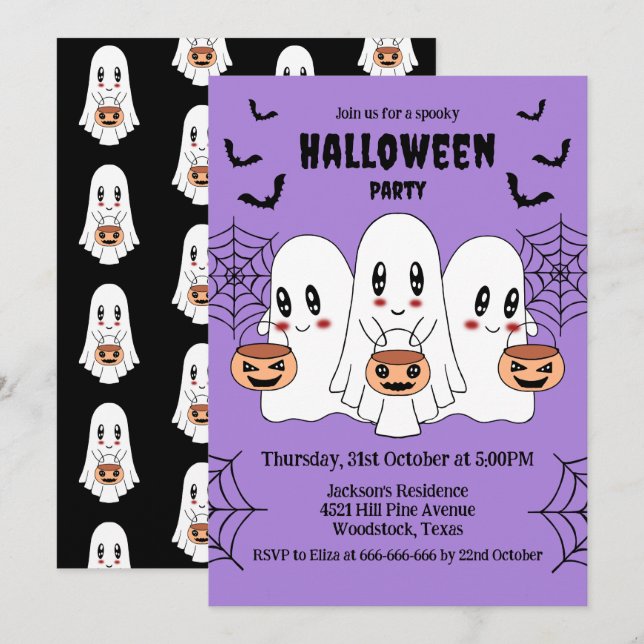 Spooky Cute Kawaii Tecknad Ghost Halloween fest Inbjudningar (Fram/baksida)