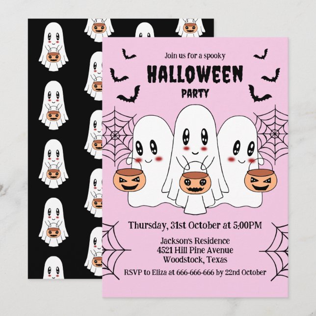 Spooky Cute Kawaii Tecknad Ghost Halloween fest Inbjudningar (Fram/baksida)