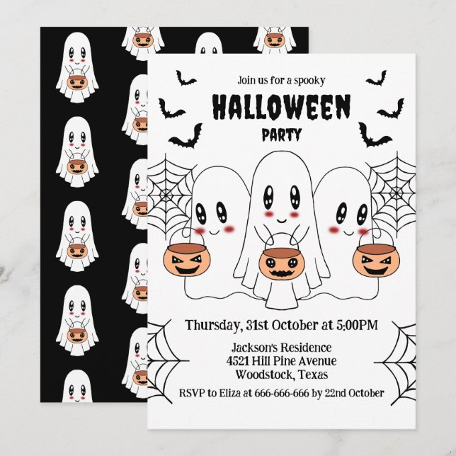 Spooky Cute Kawaii Tecknad Ghost Halloween fest Inbjudningar (Fram/baksida)