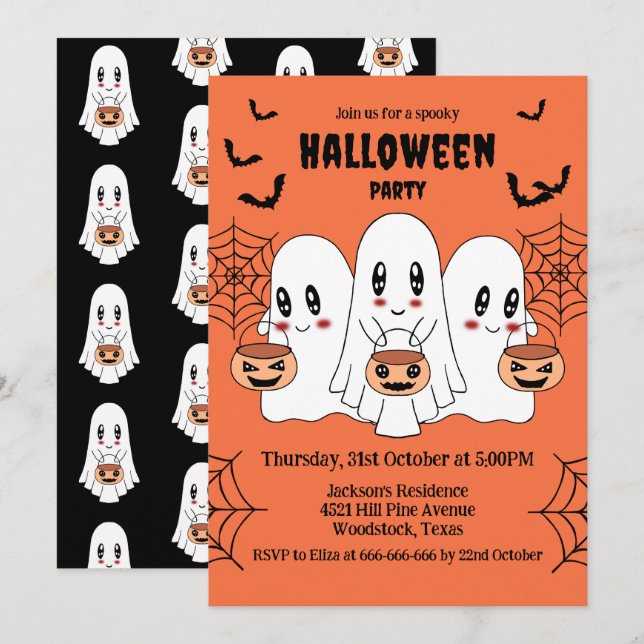 Spooky Cute Kawaii Tecknad Ghost Halloween fest Inbjudningar (Fram/baksida)