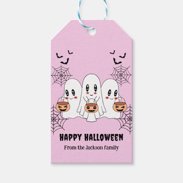Spooky Cute Kawaii Tecknad Ghost Halloween fest Presentetikett (Framsidan)
