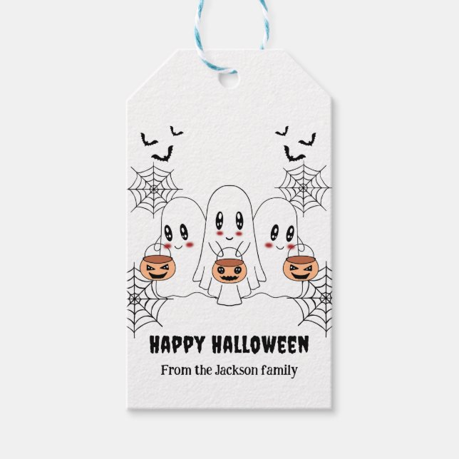 Spooky Cute Kawaii Tecknad Ghost Halloween fest Presentetikett (Framsidan)