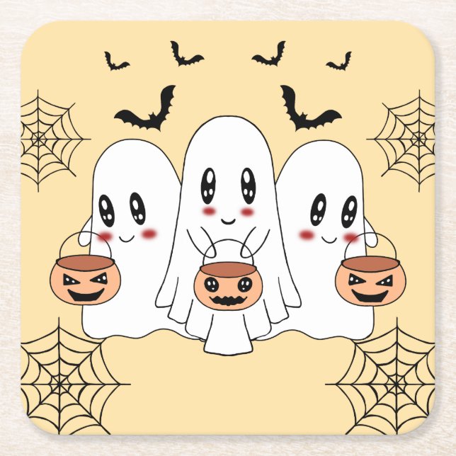 Spooky Cute Kawaii Tecknad Ghost Halloween fest Underlägg Papper Kvadrat (Framsidan)