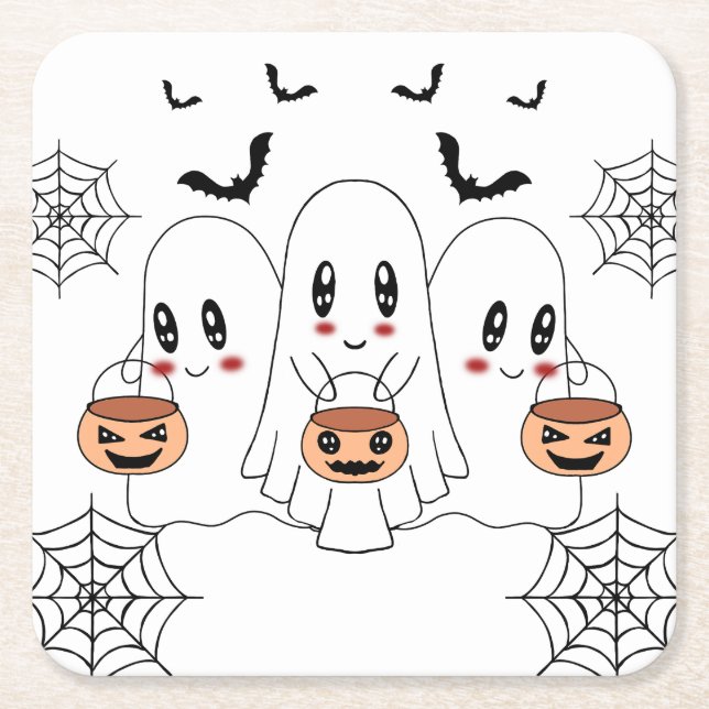 Spooky Cute Kawaii Tecknad Ghost Halloween fest Underlägg Papper Kvadrat (Framsidan)