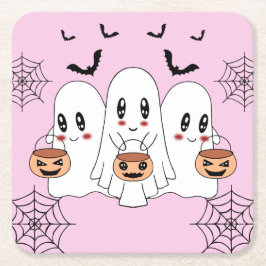 Spooky Cute Kawaii Tecknad Ghost Halloween fest Underlägg Papper Kvadrat