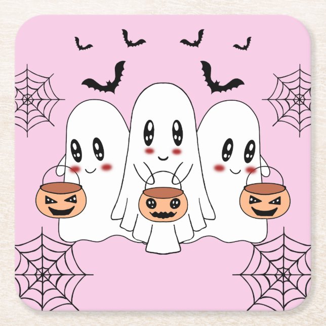Spooky Cute Kawaii Tecknad Ghost Halloween fest Underlägg Papper Kvadrat (Framsidan)
