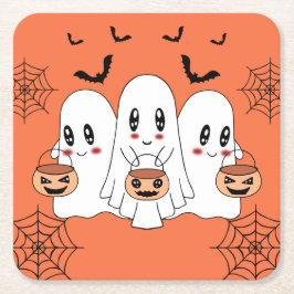 Spooky Cute Kawaii Tecknad Ghost Halloween fest Underlägg Papper Kvadrat