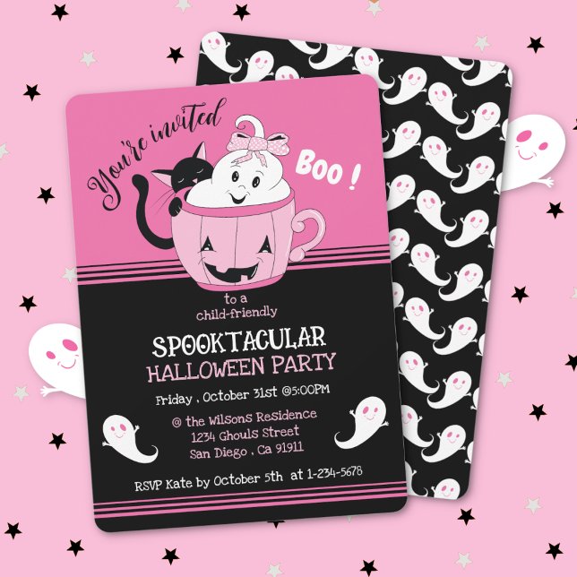 Spooky Cute Kids Rosa Black Halloween-inbjudan Inbjudningar (Spooky cute pink and black ghost theme kid-friendly Halloween party invitation .)