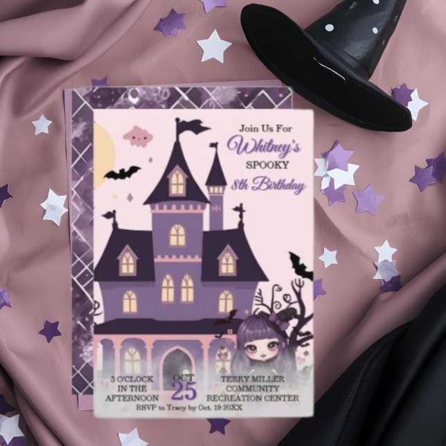 Spooky Cute Lila Birthday Gothic Girl Inbjudningar (Spooky Cute Purple Birthday Gothic Girl Invitation)