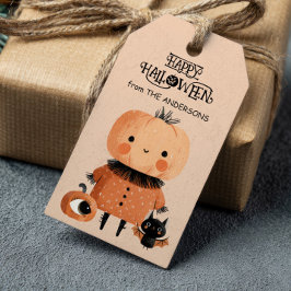 Spooky Cute Pumpkin Monster Watercolor Halloween Presentetikett