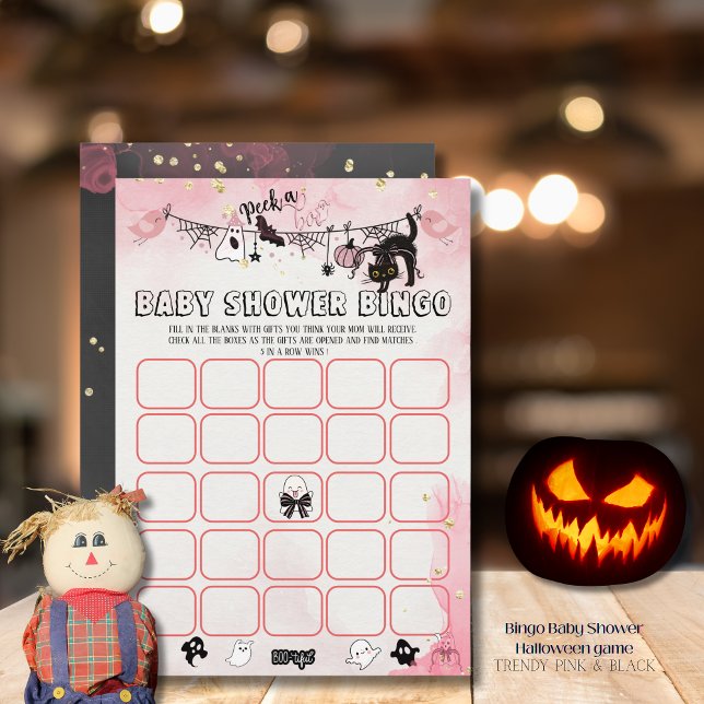 Spooky-Cute Rosa & Black Baby Shower Bingo Game Inbjudningar (Spooky-Cute Pink & Black Baby Shower Bingo Game Invitation)