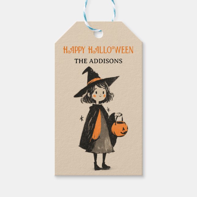 Spooky Cute Witch Girl Bus eller godis Halloween Presentetikett (Framsidan)