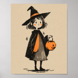 Spooky Cute Witch Girl Retro Halloween Nursery Poster