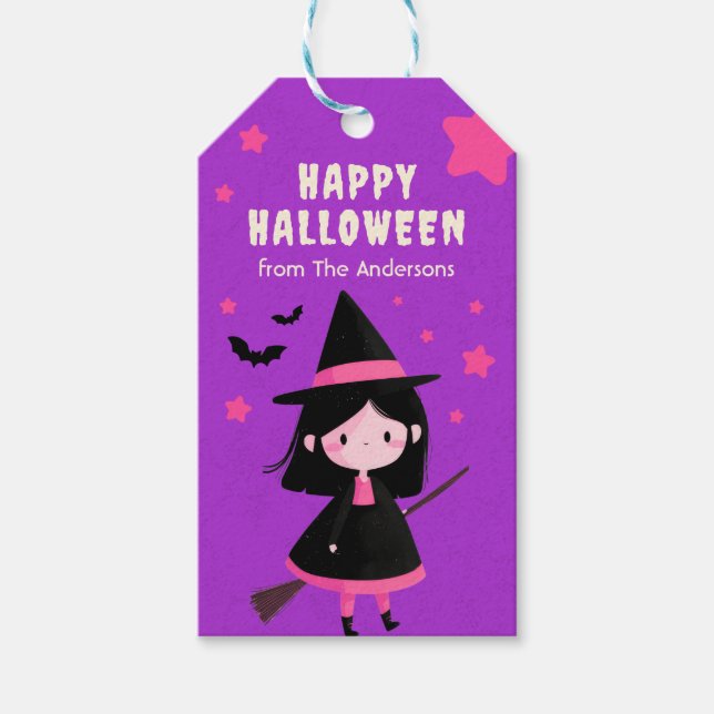 Spooky Cute Witch Whmsical Lila Happy halloween Presentetikett (Framsidan)